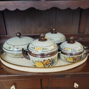 Vintage Asta Enamelware Cookware Set Brown Green Floral West Germany 8pc